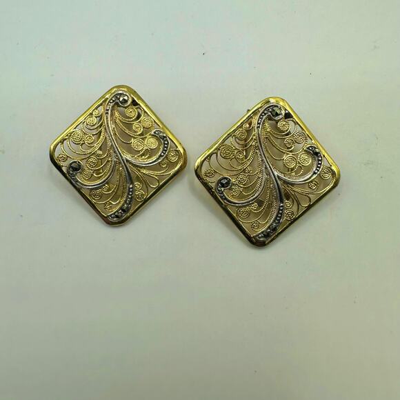 Gold Vermeil Filigree Clip On Vintage Earrings Marked SILVER TIKA Stamped retro - Picture 8 of 16